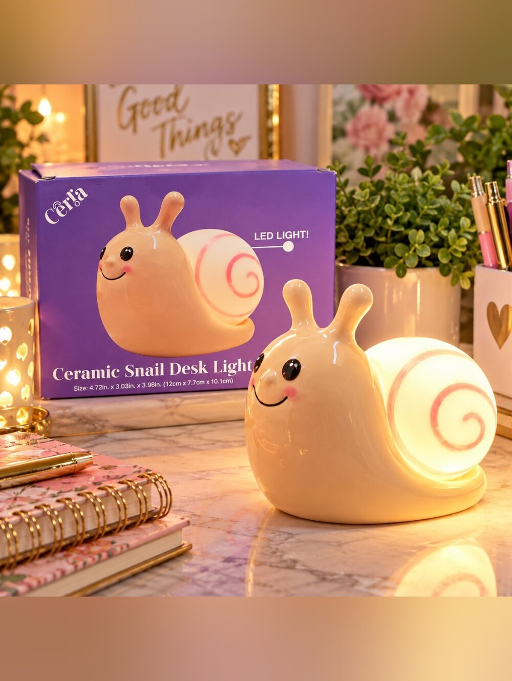 NWT Cerra Ceramic Snail LED Desk Light Pink Kawaii Cottagecore Lamp